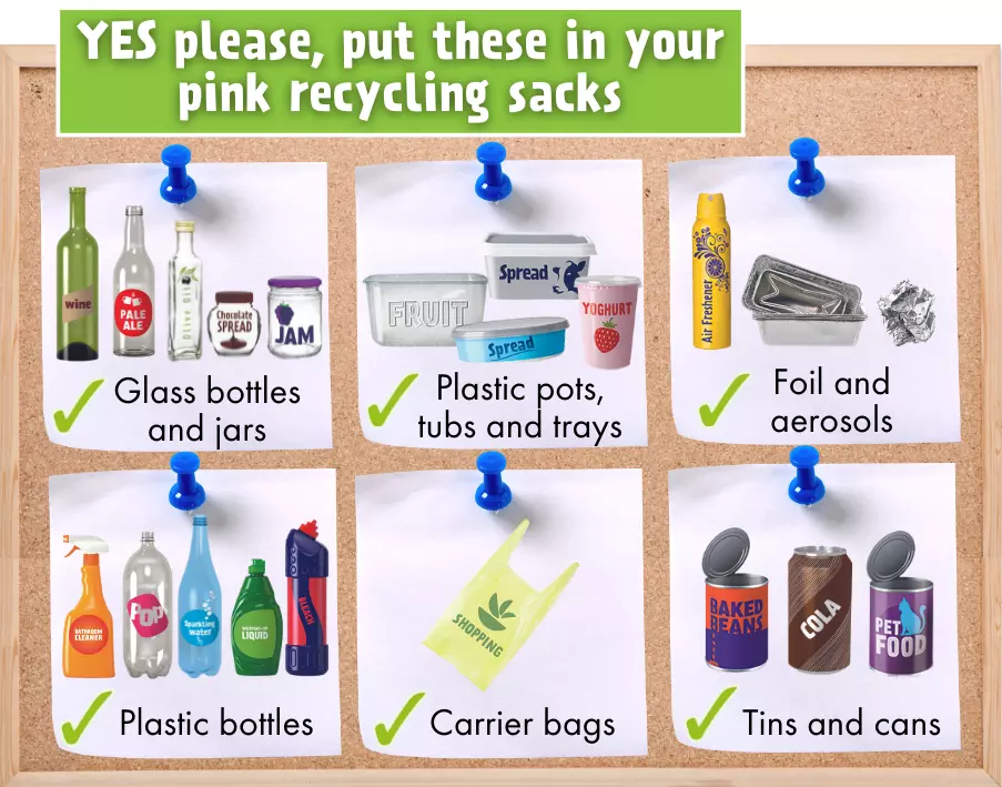Items accepted in the pink recycling sacks 