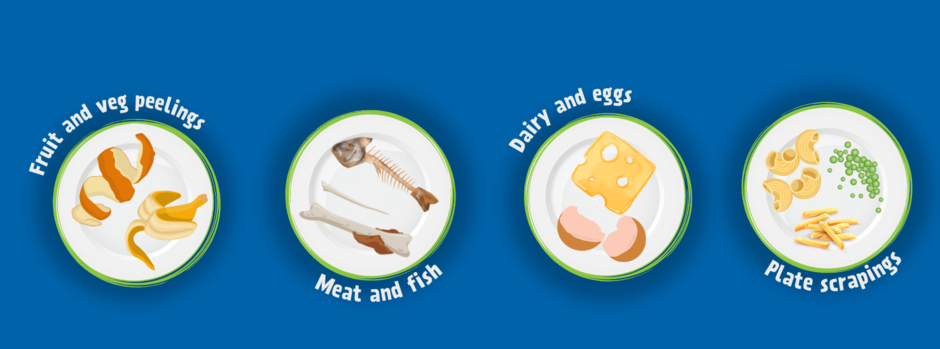 The image shows a range of food waste that can be recycled in the food waste caddy