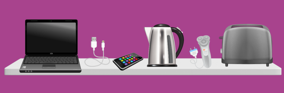 The image shows a range of electrical items that can be recycled from the kerbside: laptop, phone, kettle...